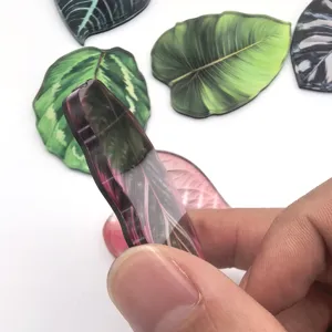 Gros plan détail de l'aimant de réfrigérateur feuille tropicale en acrylique transparent et épais.