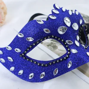 Maschera veneziana blu con strass, maschera di Carnevale glitterata per festa e ballo.