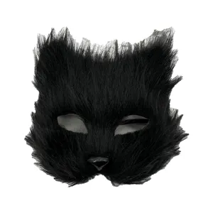 Masque de renard en fausse fourrure noire pour Halloween, fête, bal costumé d'animal demi-visage.