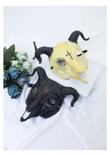 Halloween goat skull mask detail view, gothic cosplay party prop with horns and cross symbol.