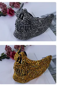 Rhinestone skull mask detail shot, sparkling crystal half face mask for party cosplay.
