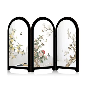 Mini tabletop 3-panel folding screen decorative ornament featuring traditional floral art design.