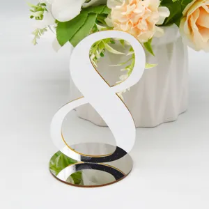 Detail view of a modern white acrylic table number 8 with reflective round base for events.