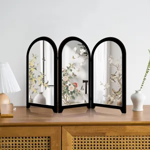 Mini desktop Chinese style arched three-fold mirror screen ornament, exquisite floral art.