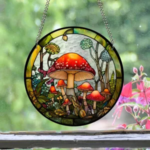 Stained glass mushroom suncatcher wall hanging acrylic window pendant for home decor details.