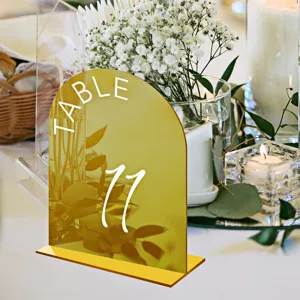 Gold mirror acrylic arch table number sign with wedding table decor setup for party events