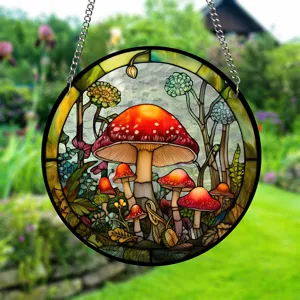 Detailed view of acrylic stained glass mushroom hanging suncatcher for indoor outdoor decor.