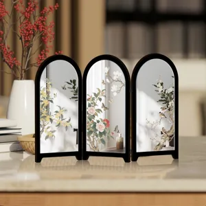 Tabletop mini mirror screen desktop decoration with traditional Chinese flower and bird art design