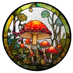Detailed view of the vibrant stained glass style mushroom acrylic suncatcher wall hanging.