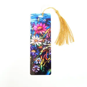 Acrylic stained glass floral bookmark with gold tassel, colorful translucent reading marker.