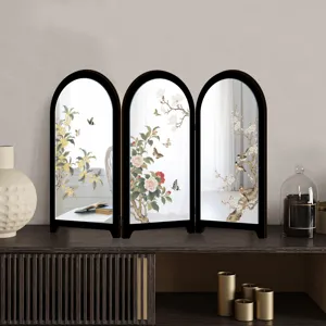 Mini Chinese style desktop mirror screen with traditional floral and bird painting for home decor.