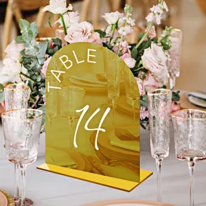 Gold acrylic arched wedding table number sign for wedding party event decor detail view