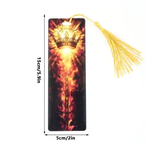 Acrylic bookmark with golden tassel, fantasy crown flame design, 15x5cm student stationery.