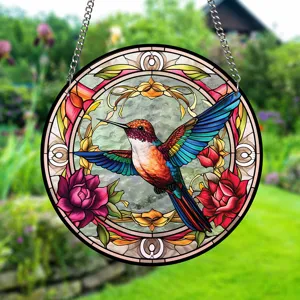 Beautiful hummingbird stained glass suncatcher detail view, hanging decor for garden and home.