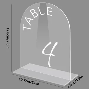 Clear acrylic table number sign for wedding reception, arched tabletop sign with base.