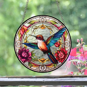 Detailed view of acrylic stained glass hummingbird window hanging suncatcher home decor.