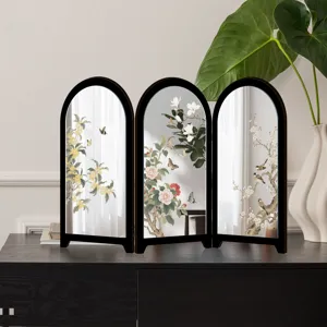 Detailed view of miniature desktop folding screen mirror with traditional Chinese floral decor.