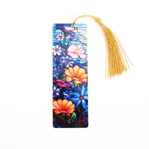 Acrylic colorful floral stained glass bookmark with gold tassel, light transmitting design.