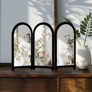 Desktop miniature three-fold mirror screen with Chinese traditional floral art details.