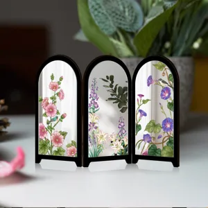Miniature tabletop folding screen with vintage botanical floral art mirror decor for home.