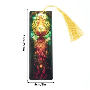 Acrylic bookmark with golden tassel, translucent phoenix design, 15x5cm stationery item.