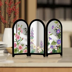 Mini desktop folding screen mirror ornament featuring exquisite floral and bird botanical art.