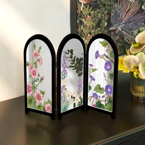 Miniature tabletop 3-panel folding screen detail, floral botanical art mirror ornament display.