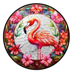 Detailed view of round acrylic stained glass flamingo suncatcher, vibrant floral hanging decor.