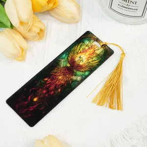 Stained glass phoenix acrylic bookmark with gold tassel, beautiful transparent student stationery gift.