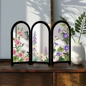 Desktop mini mirror screen ornament with elegant floral and bird painting art design.