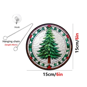 Acrylic stained glass Christmas tree hanging suncatcher detail with chain and hook.