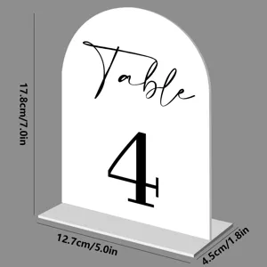 Acrylic arched table number sign detail view, modern wedding party decor, clear size display.