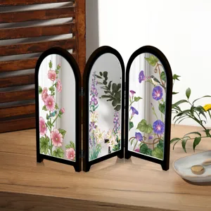 Detailed view of the mini tabletop folding screen showcasing exquisite floral painted mirror panels.