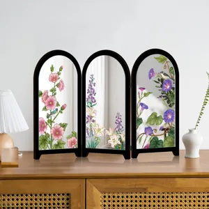 Desktop folding mirror decorative screen tabletop botanical floral art three panel wooden frame home decor