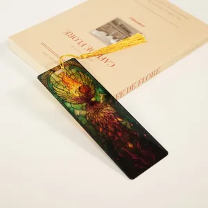 Stained glass style acrylic bookmark with gold tassel, transparent phoenix reading marker.