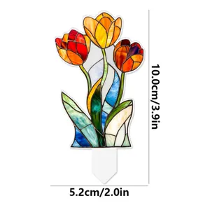 Acrylic tulip plant stake detail view, colorful stained glass garden flower potted plant decor.