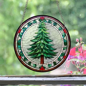 Acrylic stained glass pine tree suncatcher window hanging wall decor detail close up