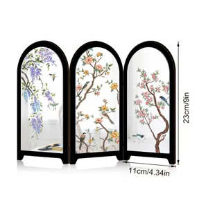 Miniature Chinese style desktop folding screen ornament with elegant flower and bird art design.