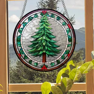 Acrylic stained glass pine tree suncatcher window hanging pendant for home decor wall ornament.