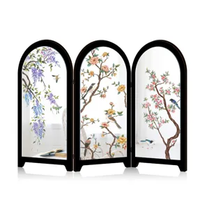 Chinese style mini three-fold mirror desktop screen ornament with delicate floral and bird art.