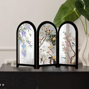 Mini desktop Chinese style screen ornament with floral and bird paintings, 3-panel mirror design.