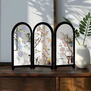 Mini desktop Chinese folding screen ornament, traditional bird flower mirror screen decor.