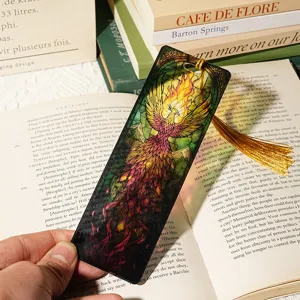 Stained glass style phoenix acrylic bookmark with elegant gold tassel for reading books.