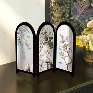 Miniature Chinese style folding screen desktop decoration with mirror panels and floral art.