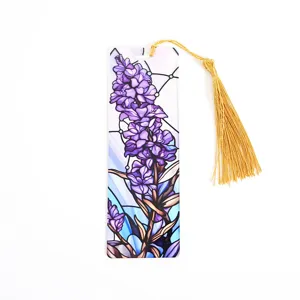 Stained glass style acrylic bookmark with purple lavender design and elegant gold tassel.