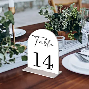 Acrylic arch wedding table number sign with wooden base, elegant table decor for party.