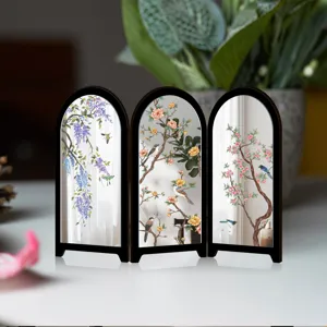 Mini Chinese style desktop folding mirror screen decorative ornament with floral and bird art.
