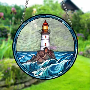 Acrylic stained glass lighthouse sun catcher window hanging pendant for home and garden decor.
