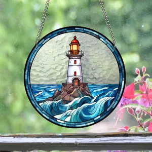 Stained glass style lighthouse suncatcher hanging ornament acrylic window decor for home.