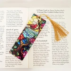 Stained glass acrylic bookmark with gold tassel, beautiful translucent floral reading marker.